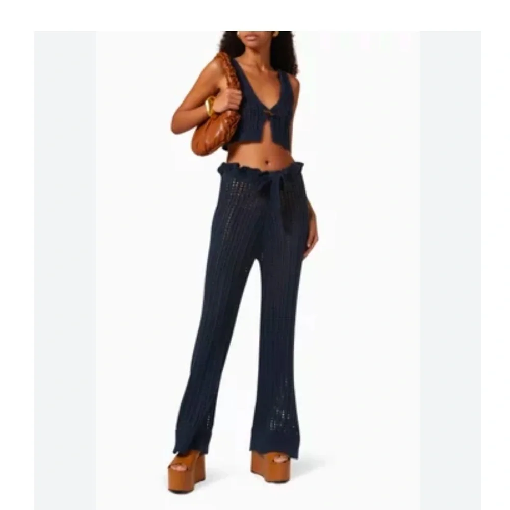Savannah Morrow The Label Pants Oak Crochet Knit Belted Cotton in Navy